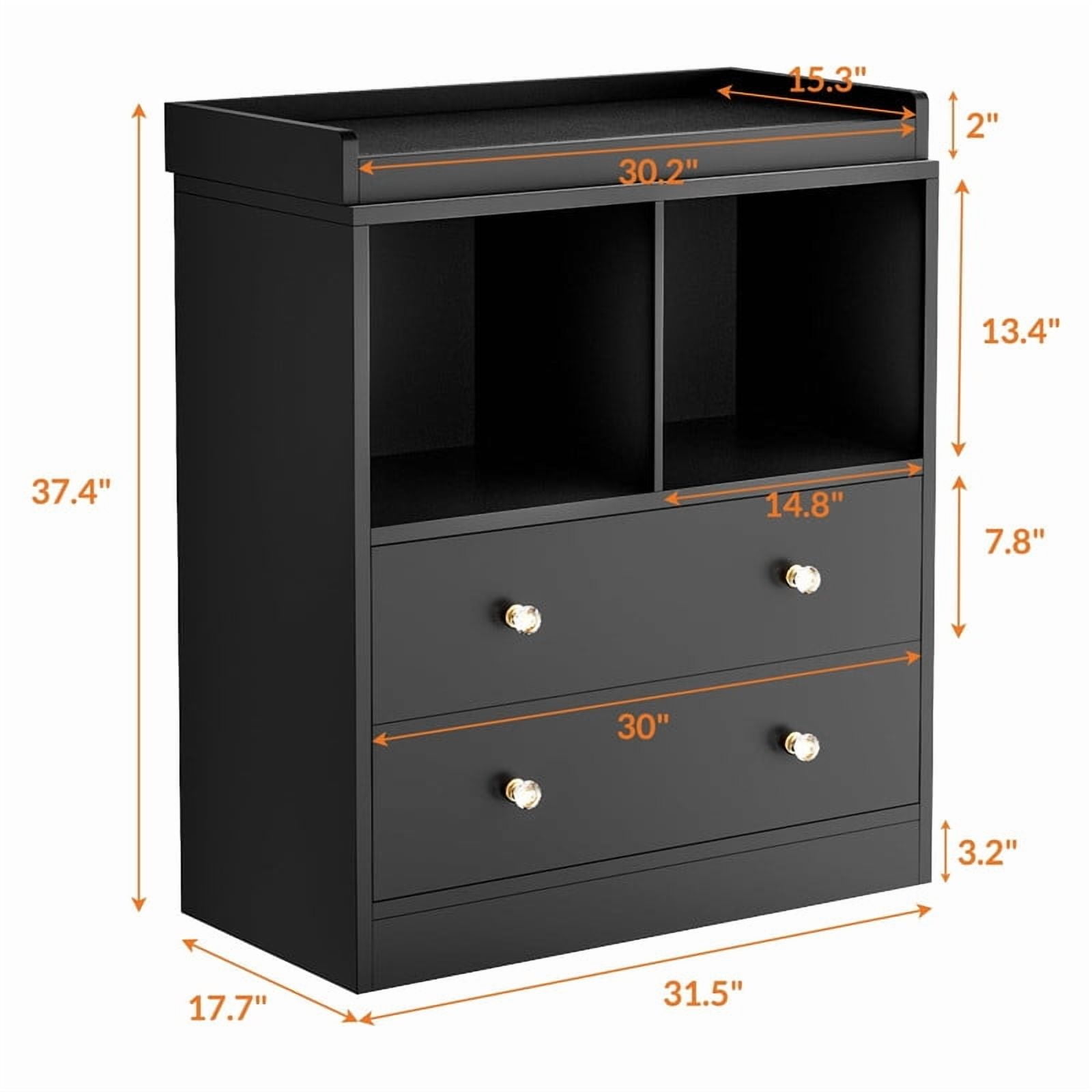 TROPOW Modern 2-Drawer Nursery Changing Table with Media Shelves, Black Baby Dresser with Crystal Knobs, Multi-Purpose Diaper Station Storage Organizer for Infant Room, Anti-Tip Safety Design