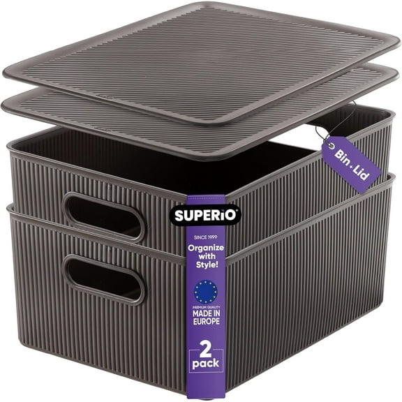 Superio 15L Medium Brown Ribbed Storage Bin with Lid, Plastic (2 Pack)