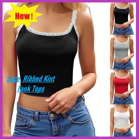 ZHYou Women's Summer Tank Tops Lace Crewneck Spaghetti Straps Basic Camisole Tops,Black,Size L