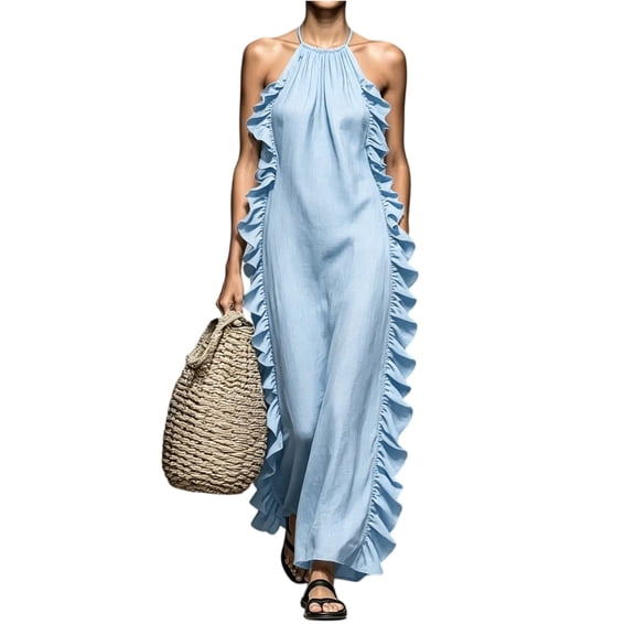 Women's Halter Neck Maxi Dress, Sexy Open Back Ruffle Beach Sundress, Boho Long Flowy Vacation Dress, Elegant Sleeveless Swing Gown for Pool Party, S-2XL