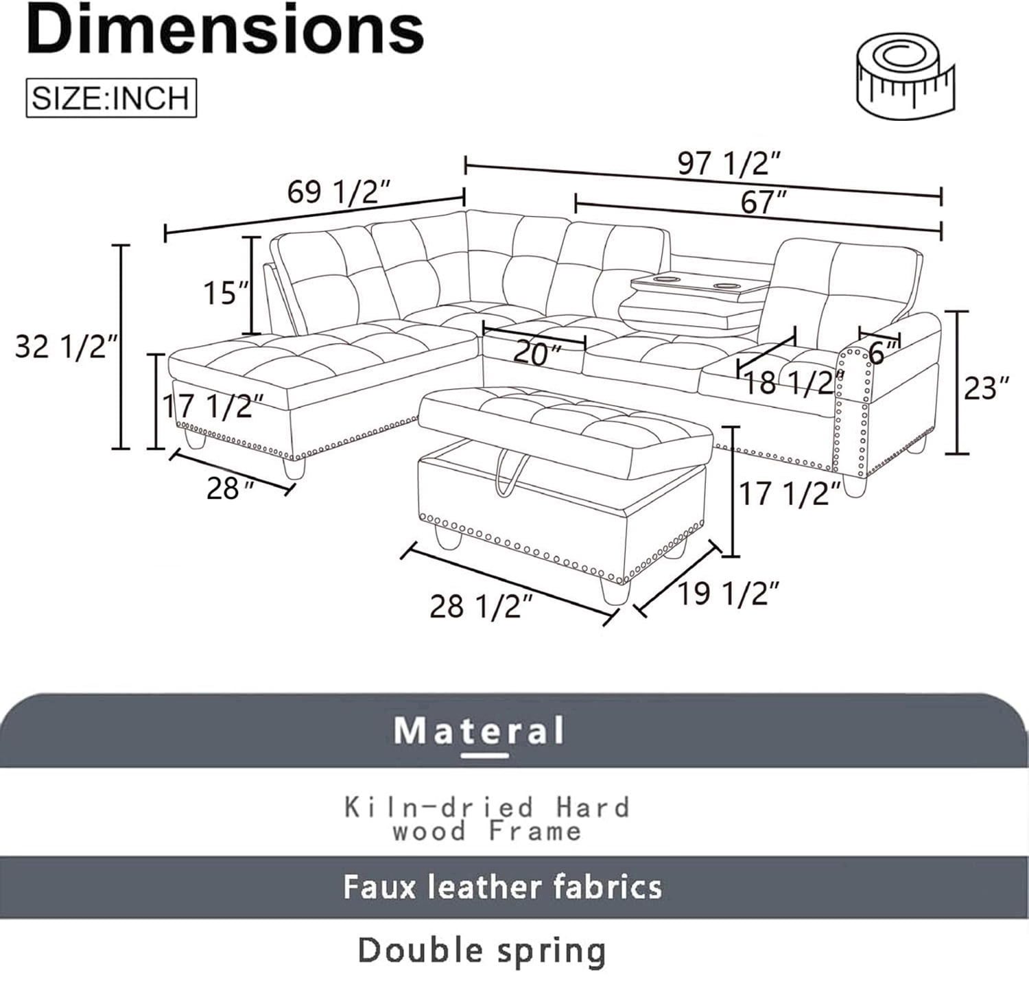 Wzlam Sectional Couch for Living Room Furniture Sets, Black Grey Linen L Shape Chaise with Storage Ottoman, Modern 3 Piece Sofa Sets for Bedrooms, Apartments and Offices(Facing Left Chaise)