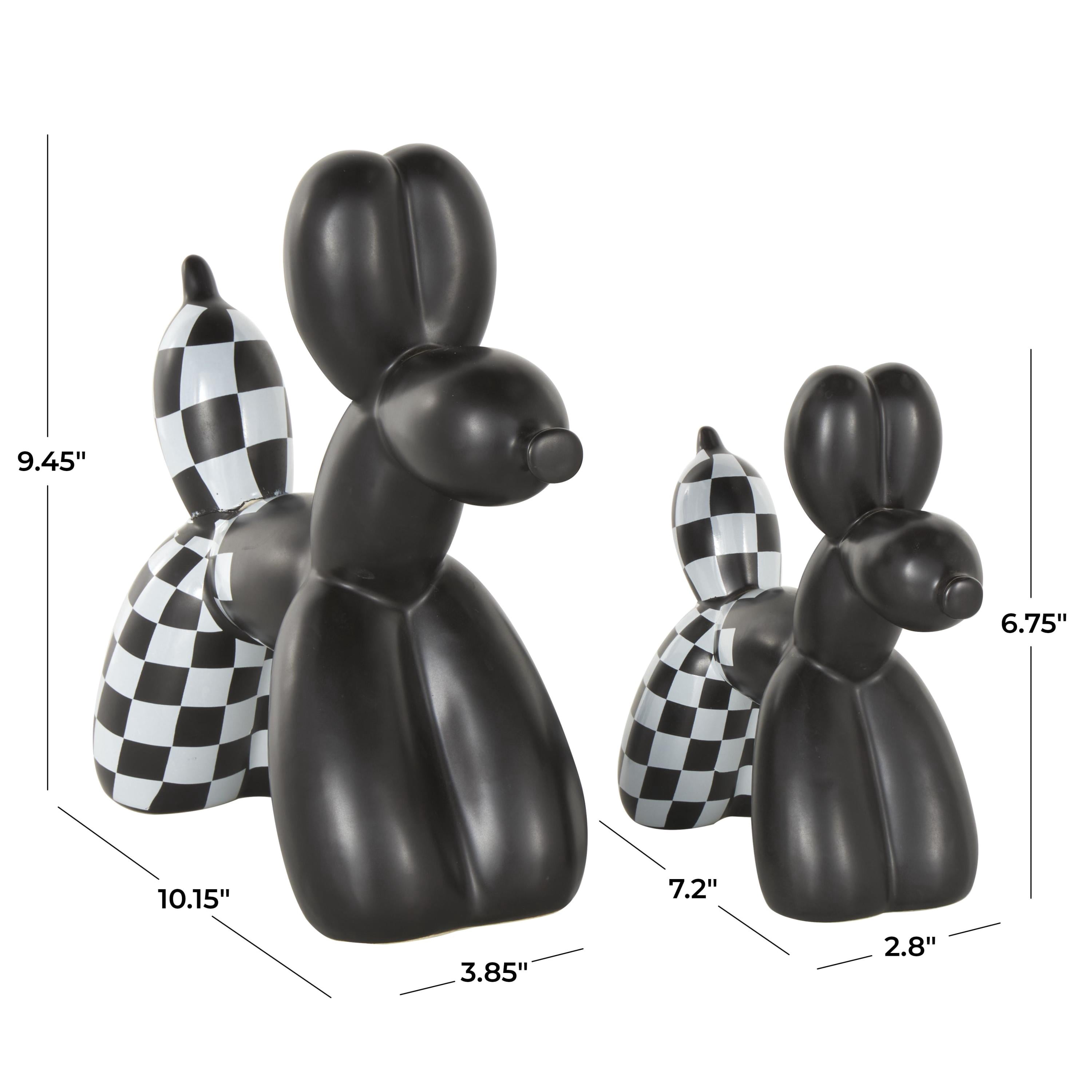 9", 7"H Black Ceramic Balloon Dog Sculpture with Checkered Accents, by DecMode (2 Count)