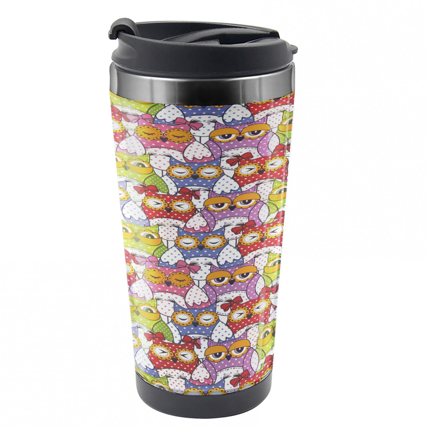Owl Travel Mug, Ornate Owl Polka Dots, Steel Thermal Cup, 16 oz, by