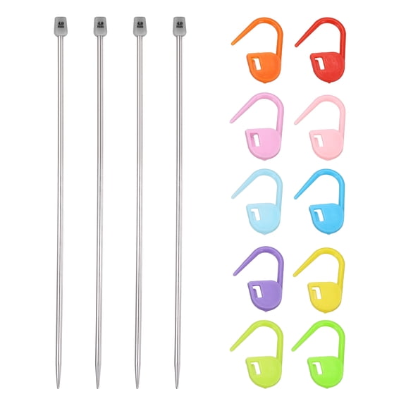 Uxcell 4Pcs 4mm Single Pointed Knitting Needles Set, 9.8" Length Stainless Steel Crochet Needle with 10Pcs Knitting Stitch Markers for Beginner, Crocheter DIY Making, Silver