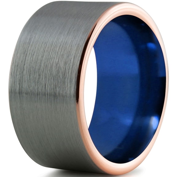 Tungsten Wedding Band Ring 12mm for Men Women Blue 18k Rose Gold Plated Flat Pipe Cut Brushed Polished Lifetime Guarantee