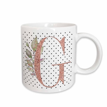 3drose, Monogram Initial G Pink Rose Floral on Black and White Polka Dots, 11oz Mug