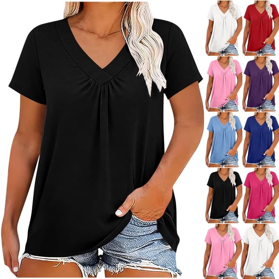 Smsaxvxz Womens Summer Plus Size Tops Fashion V-neck Short Sleeve Pleated Casual Solid Loose Blouse Tops for Women 2026 Light Blue 4XL