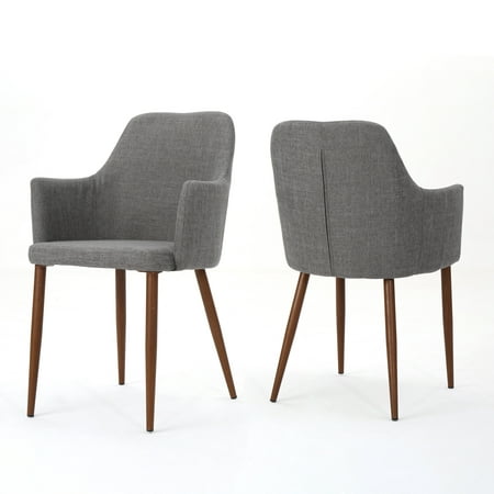 Serra Mid Century Modern Fabric Dining Chair with Dark Brown Wood Finished Metal Legs, Set of 2, Light Grey