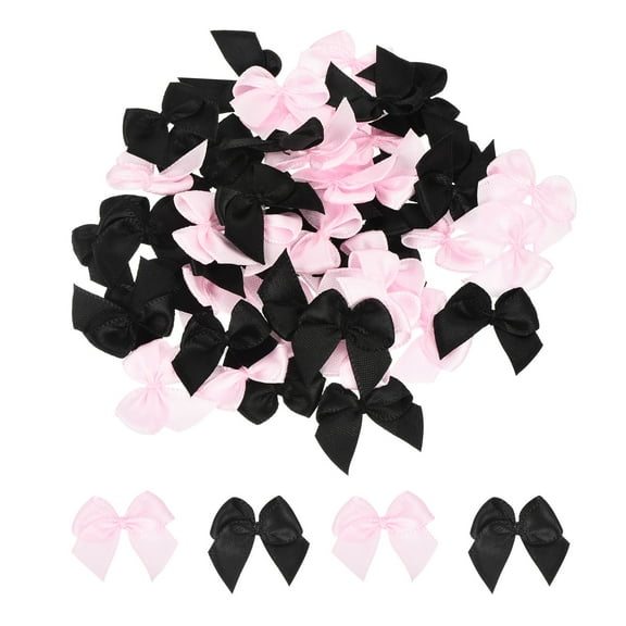 50Pcs Mini Ribbon Bow 1" Mini Fabric Satin Ribbon Flower Bows for Craft DIY Sewing Wedding Birthday Party Black & Pink