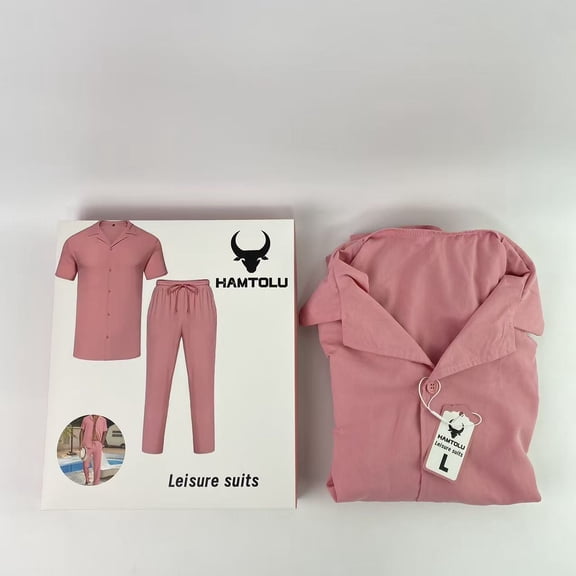 HAMTOLU Leisure suits,Men Summer Casual Short Sleeve Pant Sets Solid Button Down Shirt Elastic Pants 2 Piece Outfits Beach Tracksuit(L)