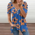 thumbnail image 2 of Orange and Blue Floral Pattern Womens Summer V Neck Zipper Top Short Sleeve T Shirt Off Shoulder Top Casual Classy Loose Shirts, 2 of 7