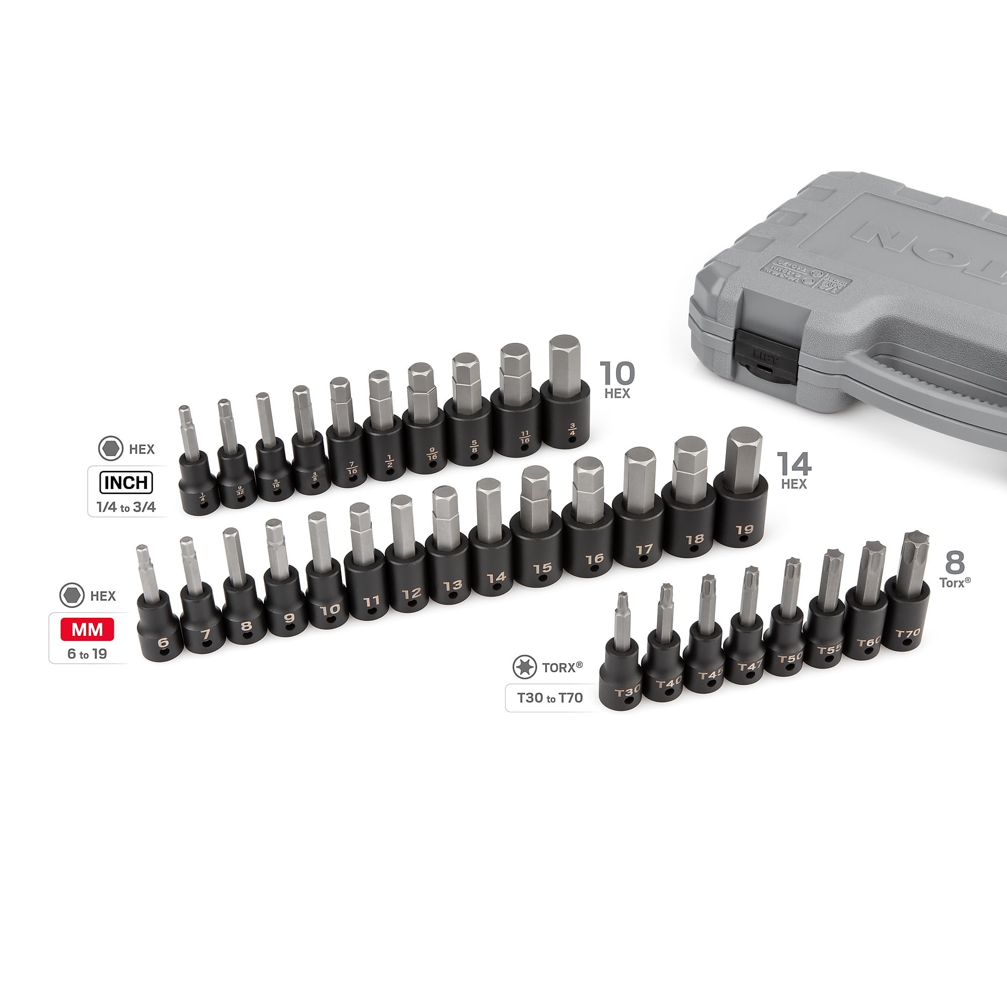 TEKTON 1/2 Inch Drive Hex/Torx Impact Bit Socket Set, 32-Piece (1/4-3/4 in., 6-19 mm, T30-T70) | SIB92312