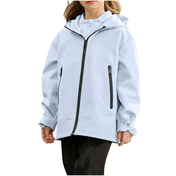 SERTG Boys and Girls' Solid Color AllWeather Active Jacket Hooded Zip-Front Long Sleeve Versatile Outerwear for Kids 3-15 Years(Blue,9 Years)