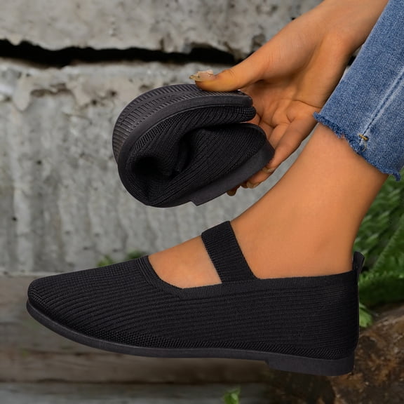 IEMIEMIEM Women's Wide Toe Box Flats Comfort Slip On Ballet Shoes Mary Jane Dressy Knit Flats with Adjustable Straps Washable Casual Office Woven Breathable Shoes Black 7 Wide