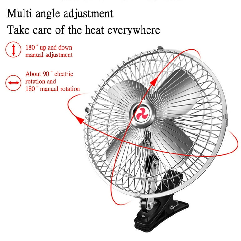Portable Car Fan Metal Car Mounted Fans with Clip Base,10 Inches 24 Volt  Cigarette Lighter Adapter 2 Adjustable Speeds,Low Noise Multi-Angle  Rotation 