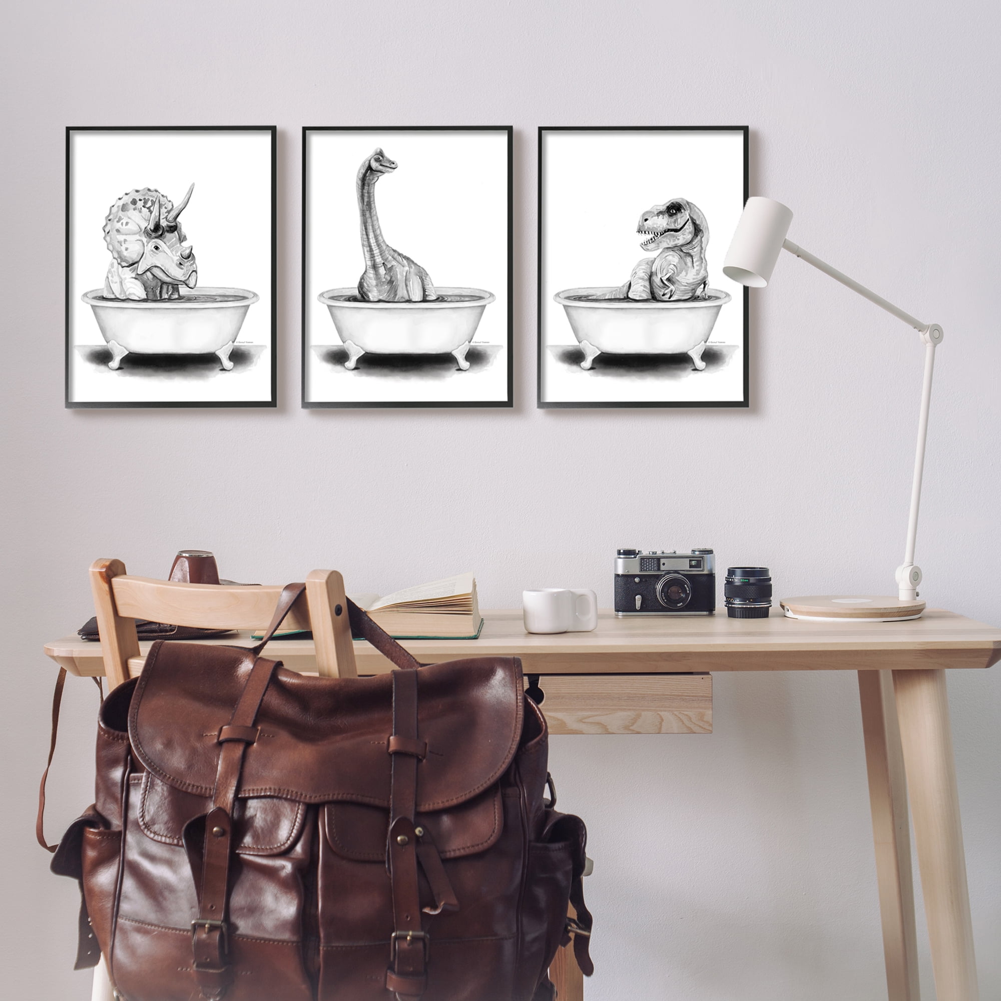 Stupell Dinosaurs Bathing Bathroom Tub Animals & Insects Painting Black Framed Art Print Wall Art, Set of 3