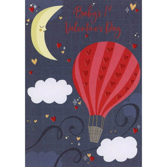 Designer Greetings Sleeping Yellow Crescent Moon and Red Hot Air Balloon 1st / First Valentine's Day Card for Baby Boy