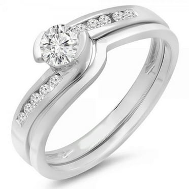 0.50 Carat (ctw) 18K White Gold Round Diamond Ladies Bridal Engagement Ring Set Matching Band 1/2 CT