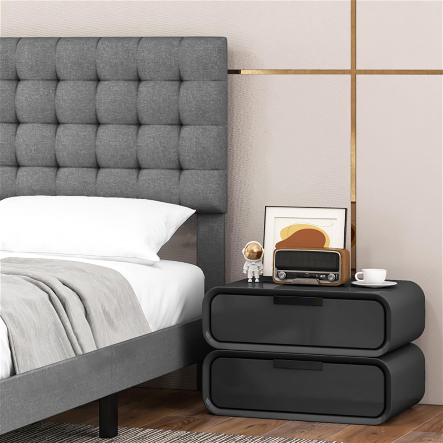 Demi Bonn Queen Size Upholstered Platform Bed Frame with Square Stitched Headboard and Wooden Slats Support, Fully Upholstered Mattress Foundation, Gray
