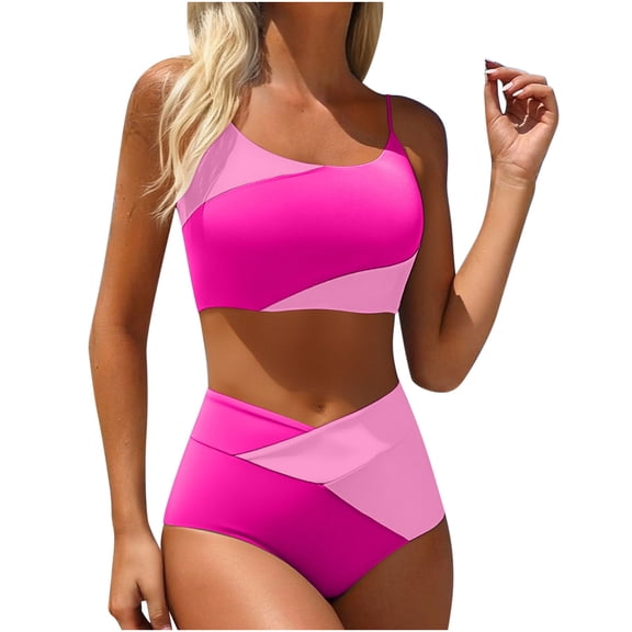 Two Piece Sporty Swimsuits for Women Trendy Color Block Cross-Over High Waisted Bathing Suit Swimwear (XL, Pink)