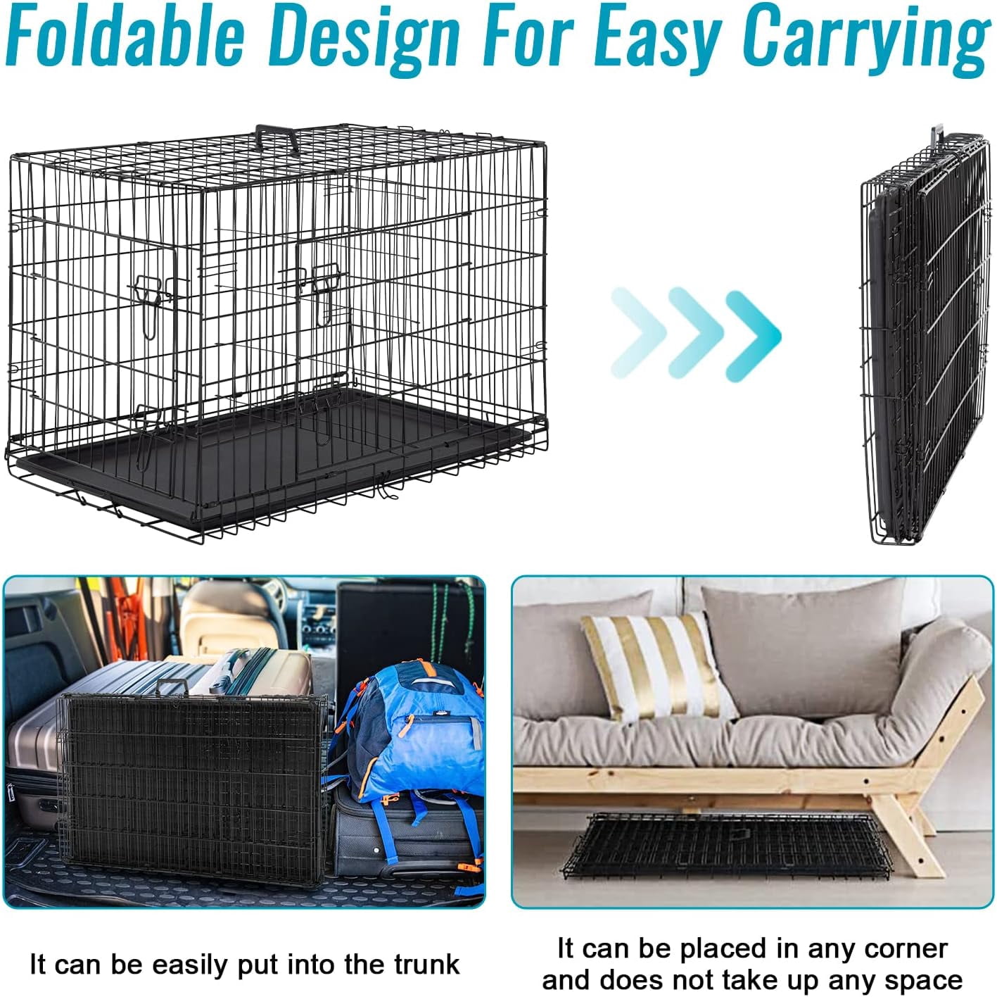 FDW 24 inch Foldable Metal Dog Crate for Small Dogs, Double Door, Divider, Removable Tray(Black)