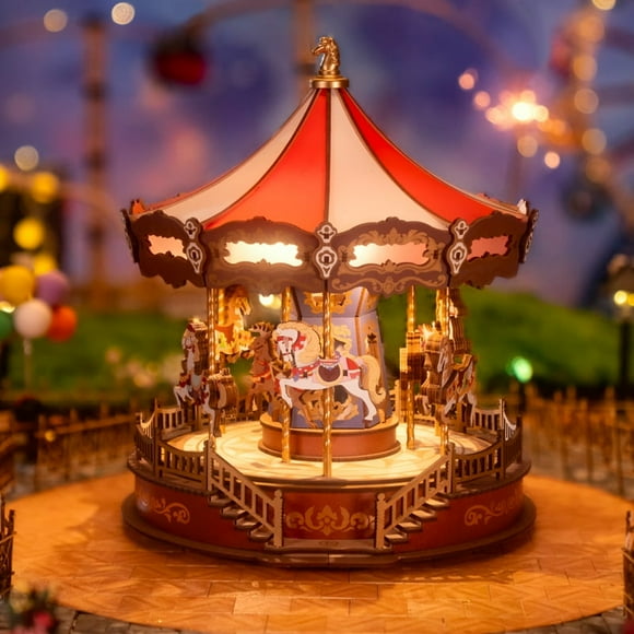 Robotime 3D Puzzles Music Box DIY Wooden, Classic Carousel Dreamer, Building Model Kits Christmas Birthday Gift for Kids Girls Adults