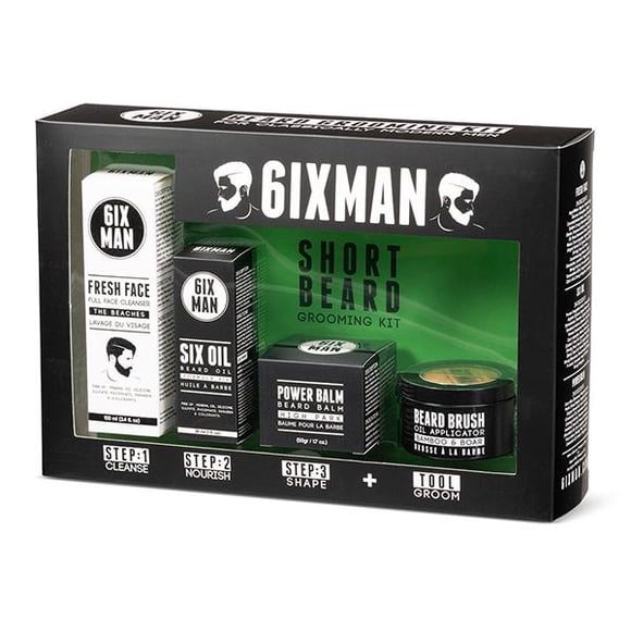 6IXMAN™ - SHORT BEARD GROOMING SET – Full Kit includes 3-Step Grooming Process, Beard Cleanser, Beard Oil, Beard Balm + Boar Bristle Brush in Travel Tin - 4 pieces