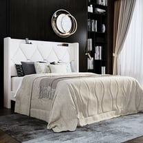 Amolife Queen Bed Frame, Upholstered Platform Bed with Storage Wingback Headboard and Fast Charging Hub, No Box Spring Required, White