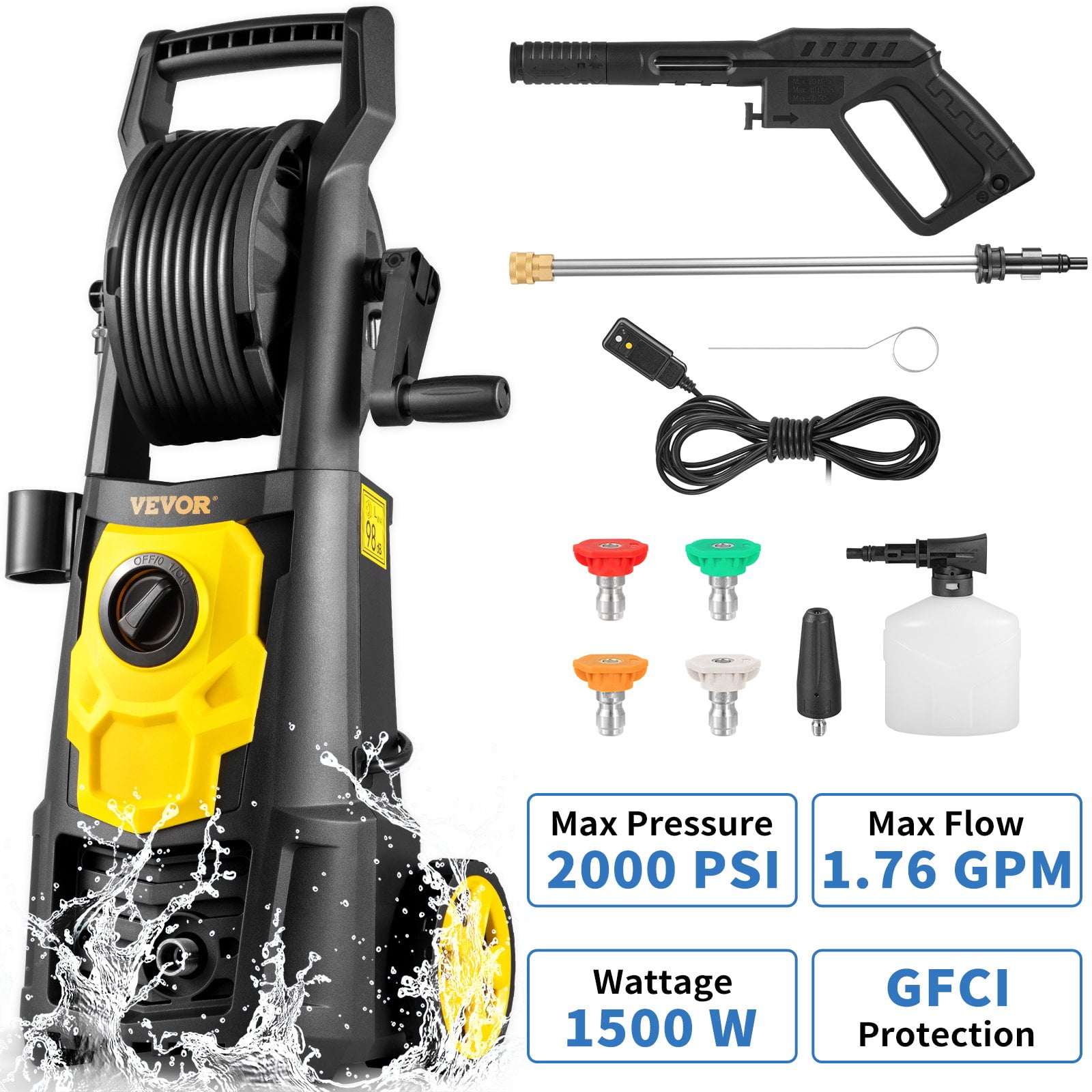 VEVOR Electric Pressure Washer, 2000 PSI, Max. 1.76 GPM Power Washer w