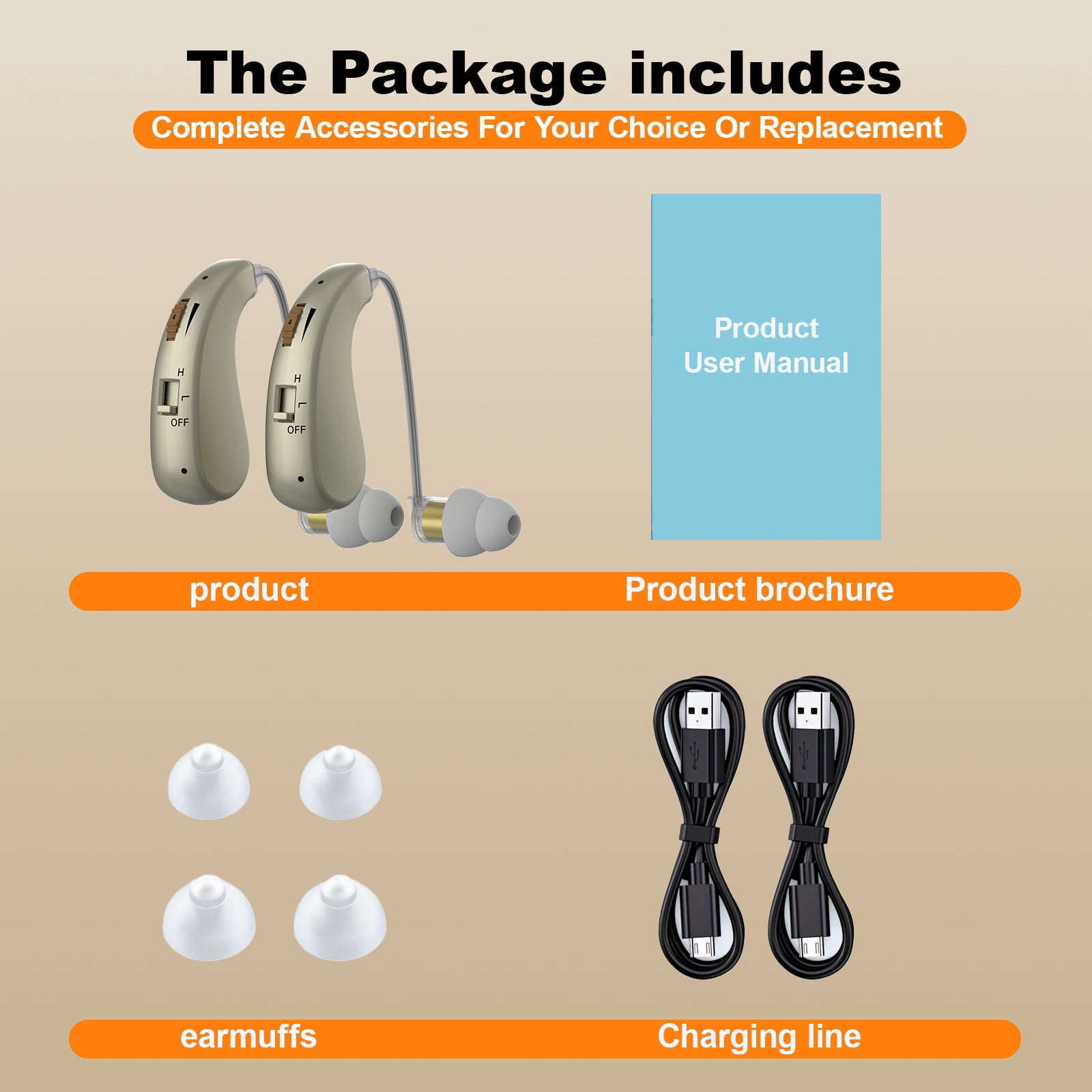 Rechargeable Hearing Amplifiers, Active Noise Cancelling In-Ear Headphones with Volume Control, Type-C Charging, Plastic Material, Lithium Polymer Battery (Golden)