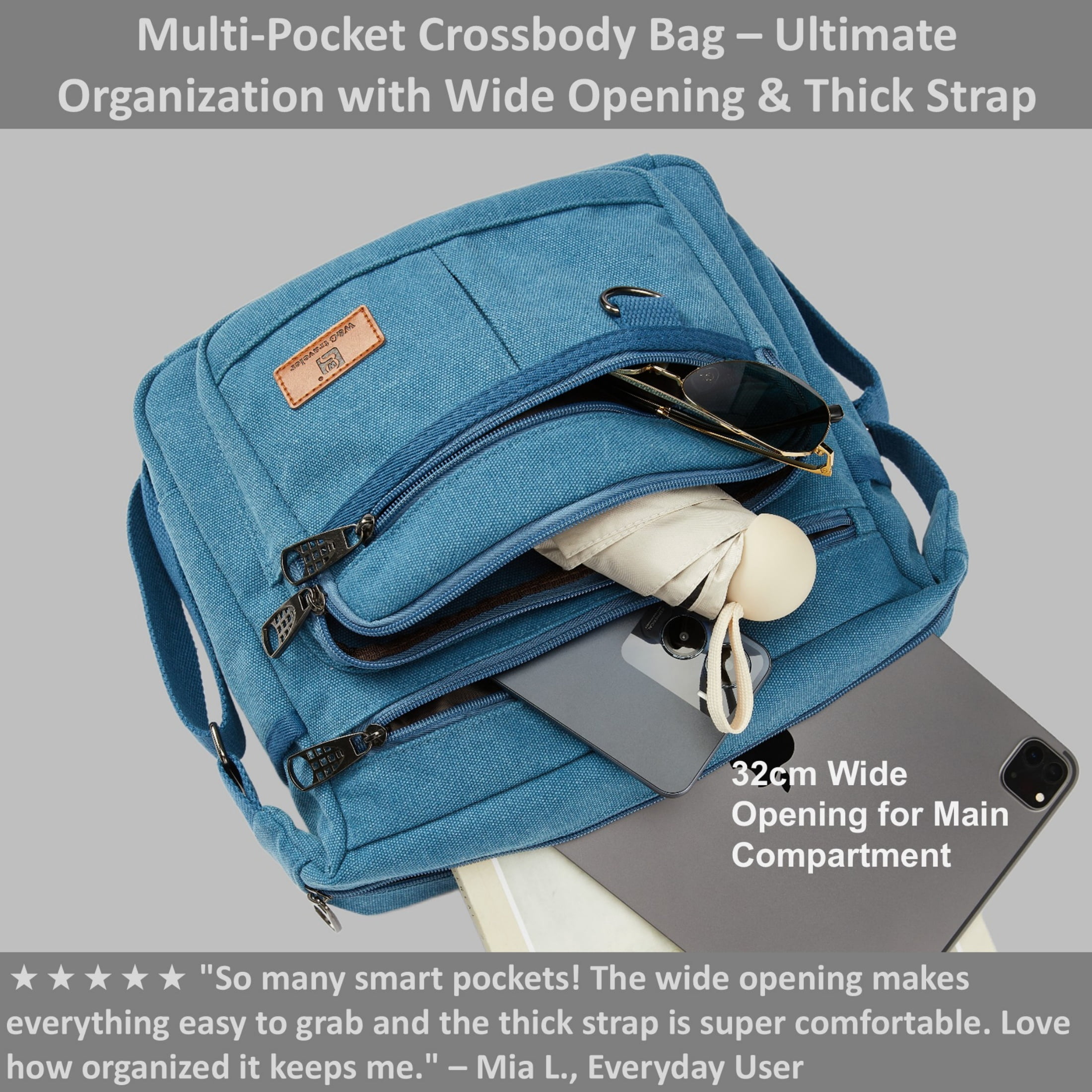 Crossbody Messenger Bag for iPad Pro 12.9 inches, Rfid Shoulder Purse w/Water Bottle Holders, 13 inch Laptop Briefcase, Built-in Wallet With AirTag Case Blue
