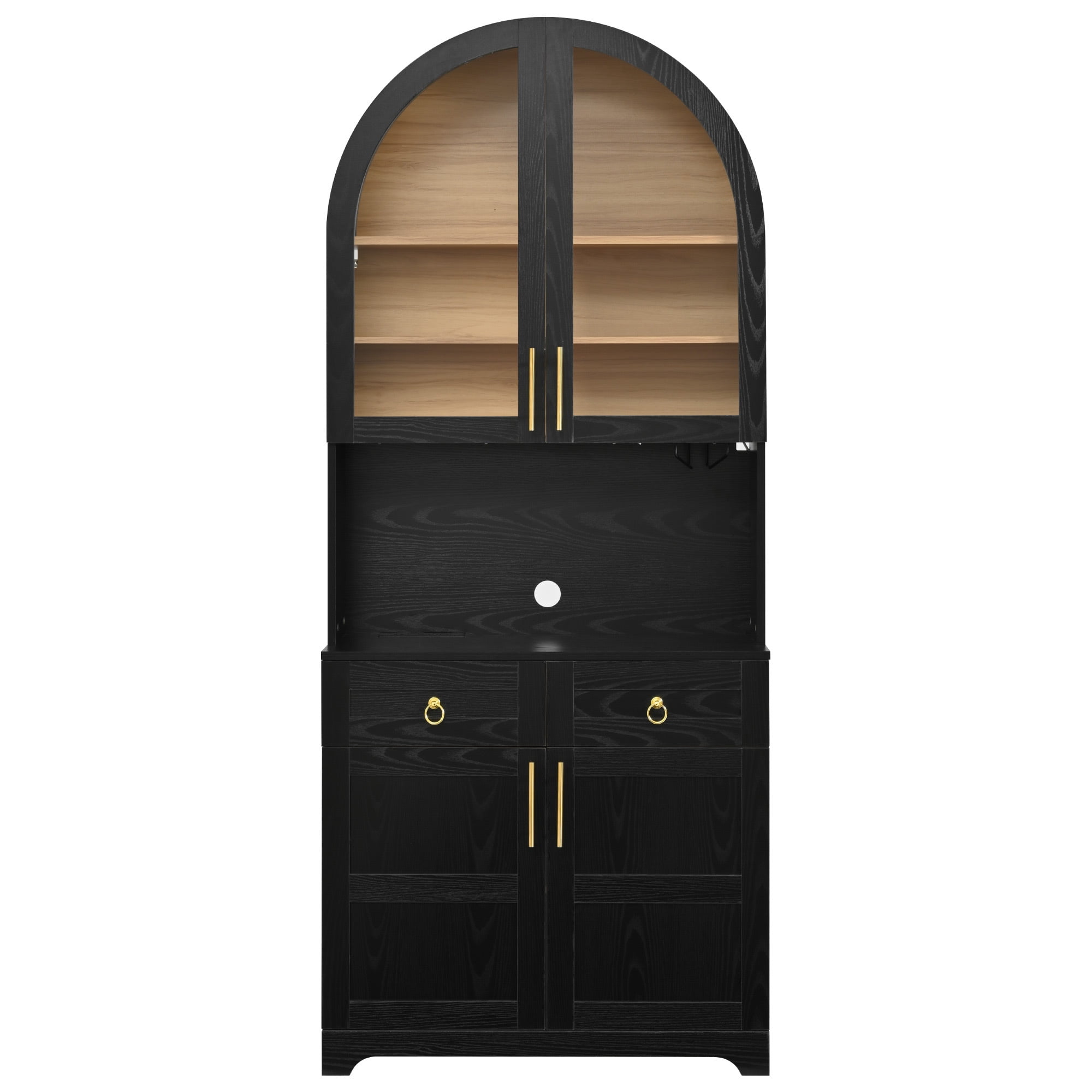 Euroco 74.8" Tall Arched Kitchen Pantry Cabinet,Farmhouse Arched Kitchen Storage Hutch with Glass Doors,2 Drawers,Adjustable Shelves,Power Outlet & LED Light,Freestanding Tall Cupboard,Black