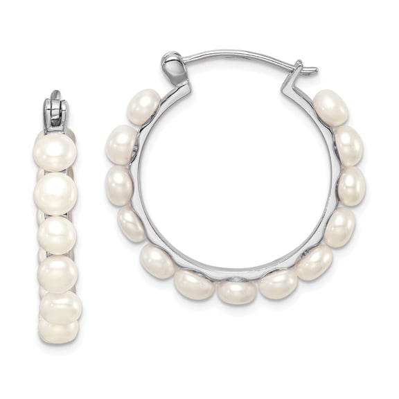 Primal Silver Sterling Silver Rhodium-plated 4-5mm White Freshwater Cultured Pearl Hoops Earrings