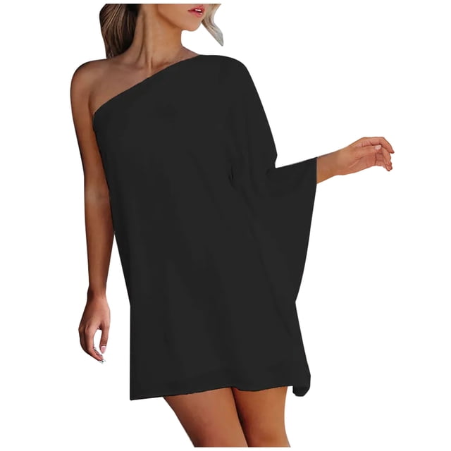 Mini vestido sexy de un hombro para mujer Vestido corto de manga murciélago suelto Fridja qw2996
