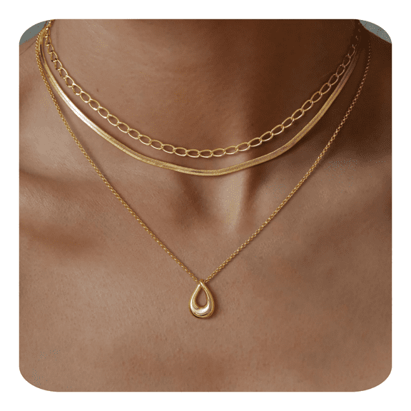 ELESMILO Layered Gold Necklaces for Women, Trendy 14k Gold/Silver Plated Pendant Necklace Stack Simple Herringbone Chain Choker Set Gold Jewelry Gifts