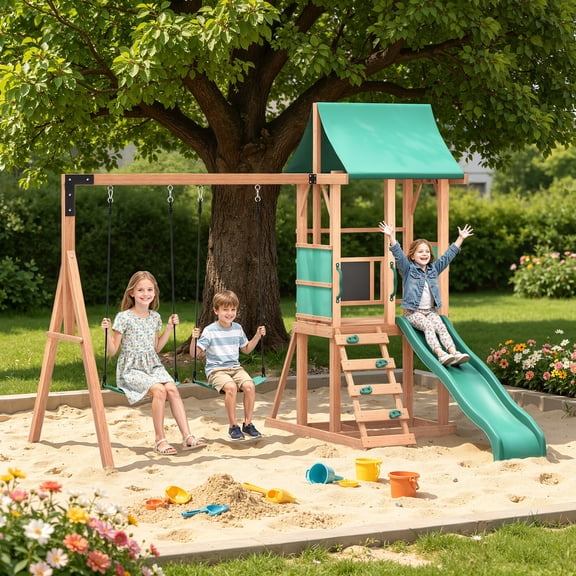 BUPPLEE 4-in-1 Wooden Swing Set with 2 Belt Swings, Wave Slide, Climbing Ladder and Chalkboard, Backyard Playset for Kids
