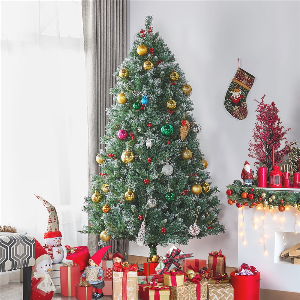 Topeakmart 6 ft Pre-lit Snow Frosted Artificial Christmas Tree with Red ...