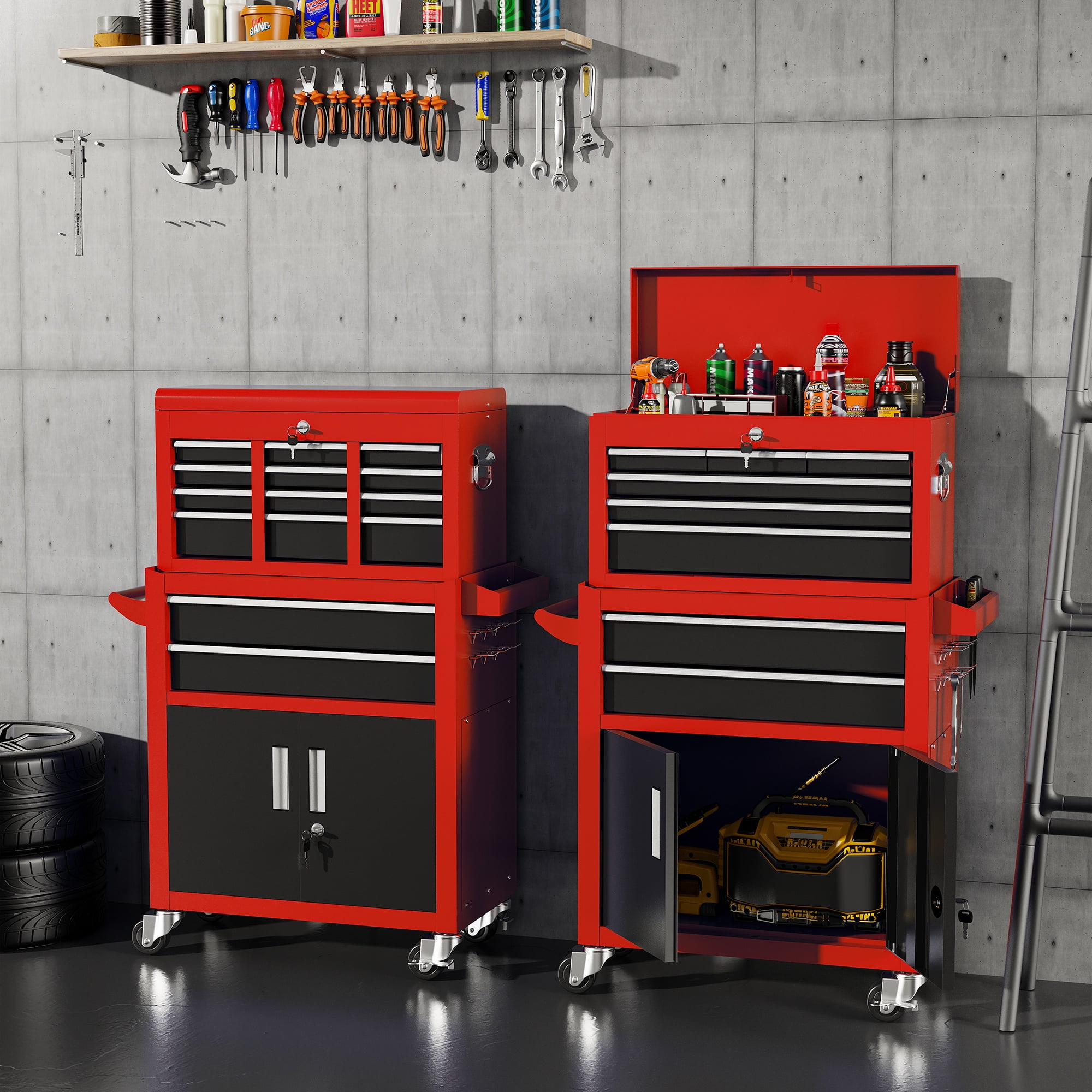 Rolling Tool Chest with 8 Drawers, Multifunctional Steel Toolbox Organizer, Tool Storage Cabinet with Detachable Topbox, Garage Tool Cart w/Universal Weels,Hanging Box, Hooks, DIY Anti-slip Mat