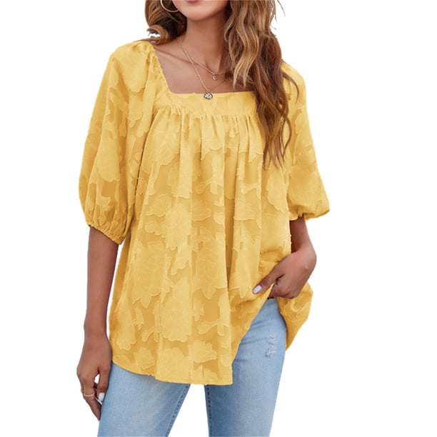 Qarigey Blusa informal para mujer, jersey plisado con estampado Floral para niñas, camisa transpirable para el hogar y la escuela, ropa de Prendas para la parte del cuerpo Amarillo S