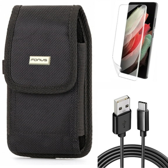 Matte Screen Protector w 6ft USB Cable w Case Belt Clip for Samsung Galaxy S21 Plus - TPU Film Anti-Glare, Type-C Charger Cord, Swivel Holster Accessory Bundle