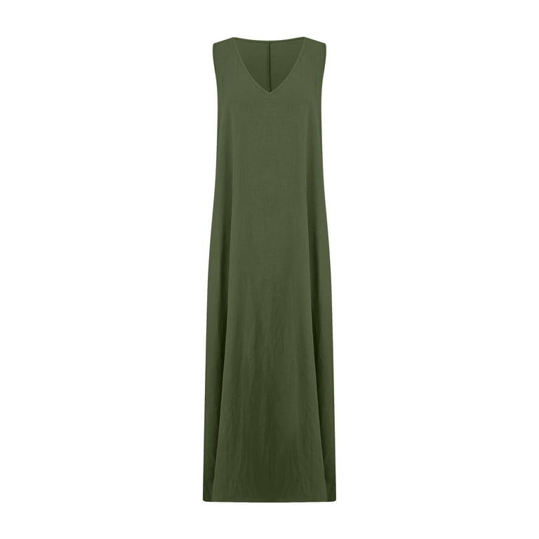 Women's Summer Linen Sleeveless V Neck Midi Maxi Dress Casual Pleated  Tiered Flowy Beach Vacation Long Dresses Sundress - Walmart.com