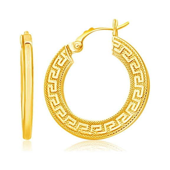 14k Yellow Gold Greek Key Medium Hoop Earrings with Flat Sides