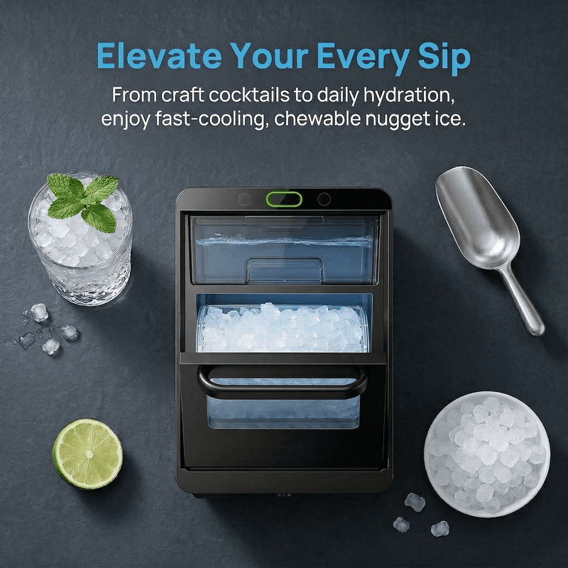 Countertop Nugget Ice Maker with Front Pull-Out Water Tank, 44 lbs/24H Pebble Ice Machine, Removable Ice Basket, Self-Cleaning Crushed Ice Maker, Stainless Steel Finish for Kitchen