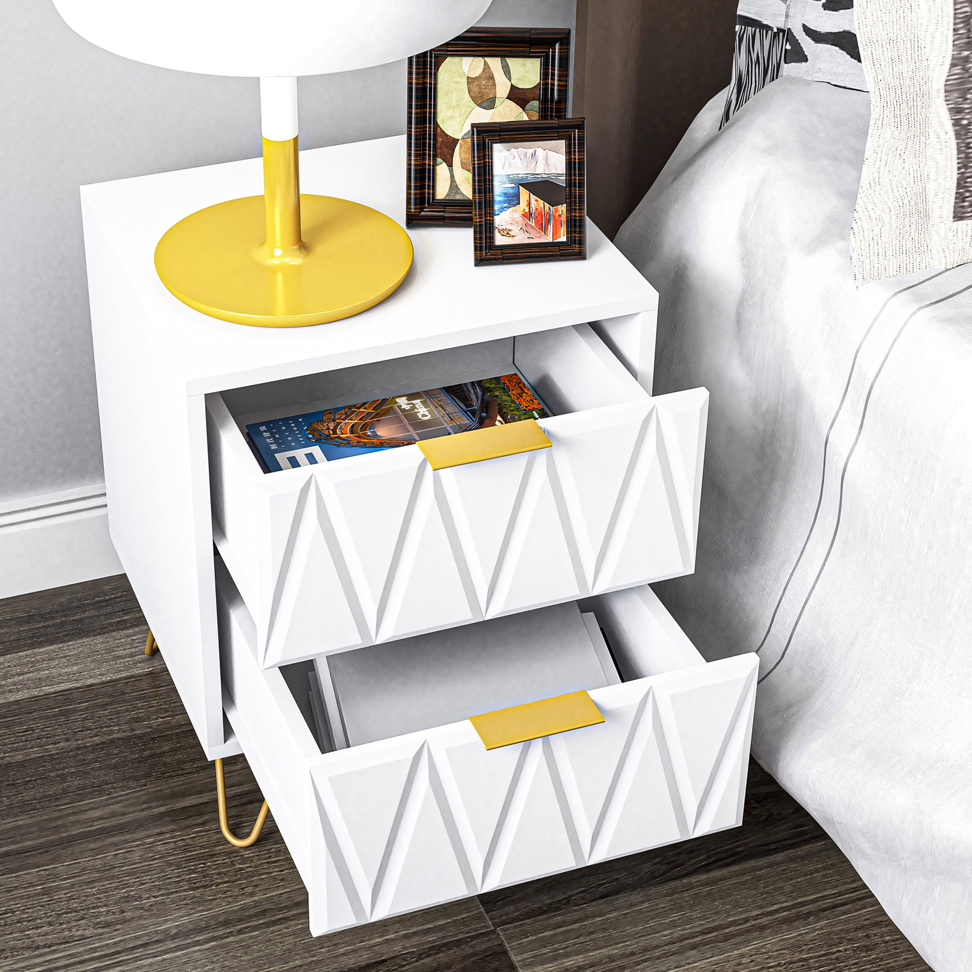 Yardi Yard White 2 Drawer Nightstand Set of 2 for Bedroom, Accent Rectangle Bedside Table with Golden Metal Legs Yardi Yard White 2 Drawer Nightstand Set of 2 for Bedroom, Accent Rectangle Bedside Table with Golden Metal Legs