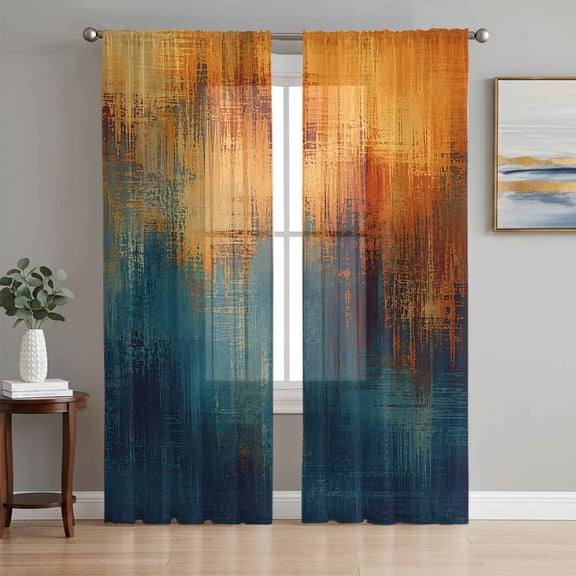 Blue Teal Orange Sheer Curtains 96 Inch Length 2 Panels Set, Retro Abstract Gradient Mottled Art Voile Window Treatment Semi Sheer Long Curtains Drapes for Bedroom/Living Room/Kitchen 52"x96"x2