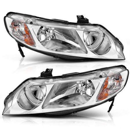 For 2006 2007 2008 2009 2010 2011 Honda Civic 4-Door Headlight Assembly Headlamp Replacement with Amber Park Lens,Chrome Housing Amber Reflector, One-Year Warranty (Passenger and Driver