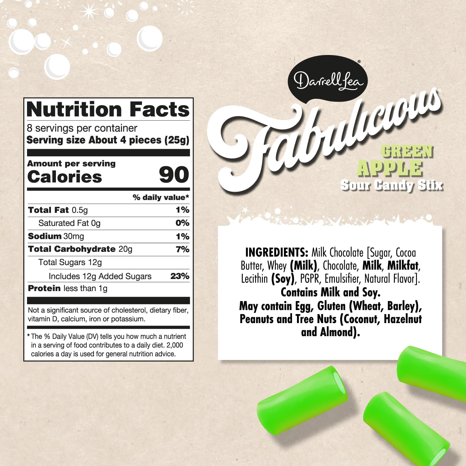 Darrell Lea Fabulicious Green Apple Sour Candy Stix, 7 Oz, Pack of 8