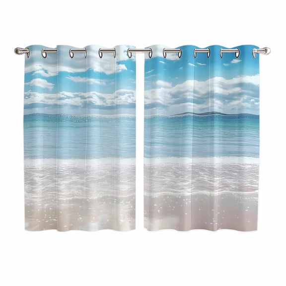 Ocean Beach Kitchen Curtains 63 Inch Length, Natural Blue Sea Waves Sky Cloudy Scenery Grommet Top Bedroom Living Room Curtains, Light Filtering Cafe Curtain Drapes 2 Panels Set 104''x63''