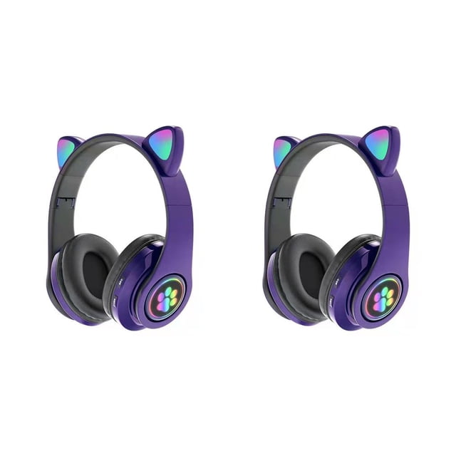 Matsuzay Flash Light Cute Cat Ears Auriculares inalámbricos con control de micrófono LED Girl Stereo Music Phone Auriculares compatibles con Violeta 2piezas