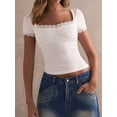 thumbnail image 4 of Womens Square Neck Lace Trim Short Sleeve Slim Fit Basic Tshirt Casual Versatile Top Cream White S, 4 of 9